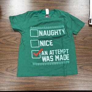 Kid size SMALL naughty, nice, attempt was made. Green
